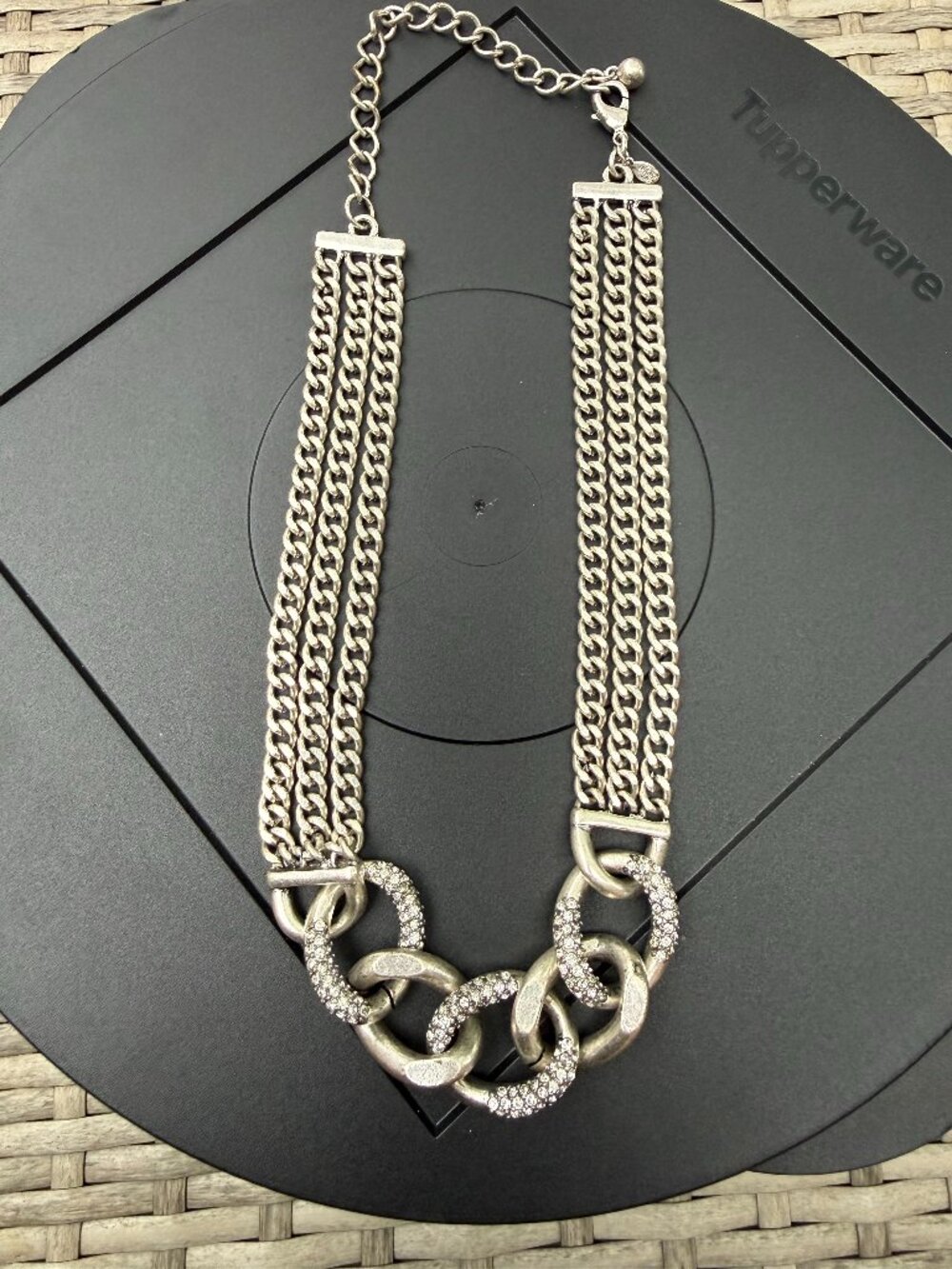 Premier Designs Silver & Rhinestone Curb Link Multi-Strand Chain Choker Necklace